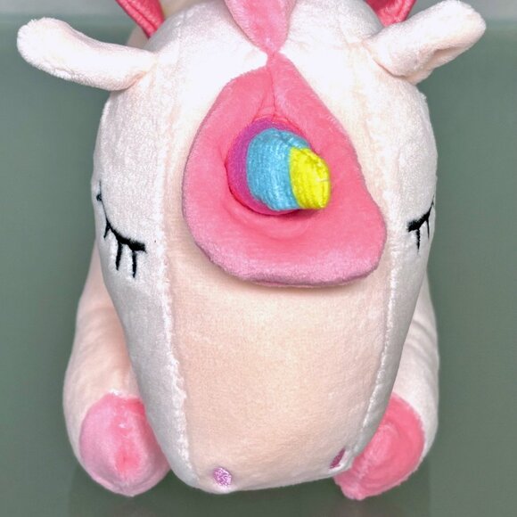 Squishy Pink Rainbow Horn Winged Unicorn Embroidered Face Baby Kid's Plush Toy - Picture 3 of 9